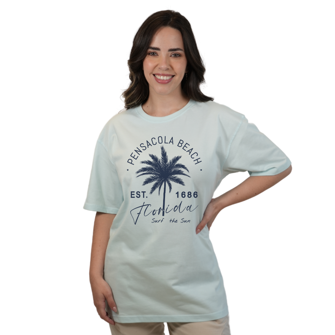 Pensacola Beach Combed Cotton Women T-Shirt with a Front Big Palm Tree Est. 1686 Design Style CC1000