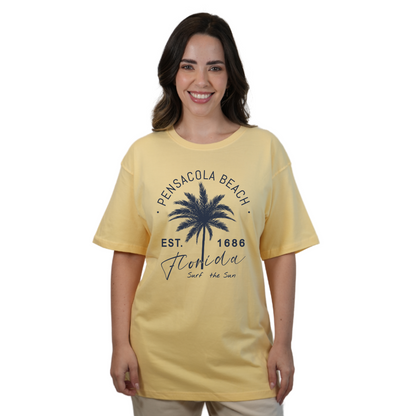 Pensacola Beach Combed Cotton Women T-Shirt with a Front Big Palm Tree Est. 1686 Design Style CC1000