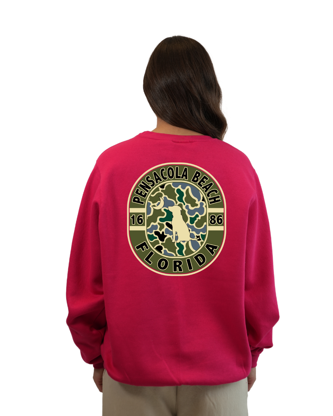Pensacola Beach Dog 1984 Women  Crewneck – Camouflage Edition