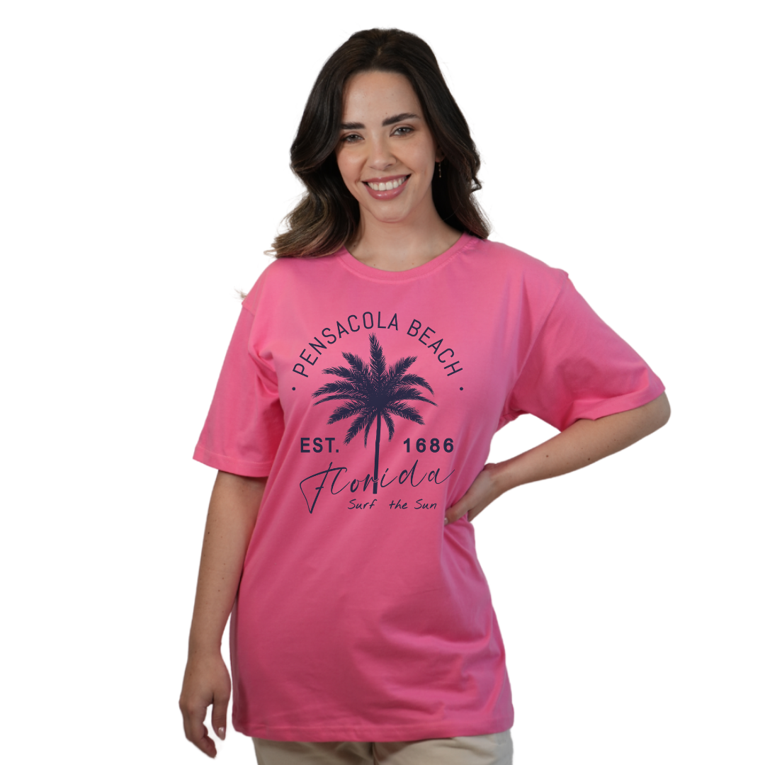 Pensacola Beach Combed Cotton Women T-Shirt with a Front Big Palm Tree Est. 1686 Design Style CC1000