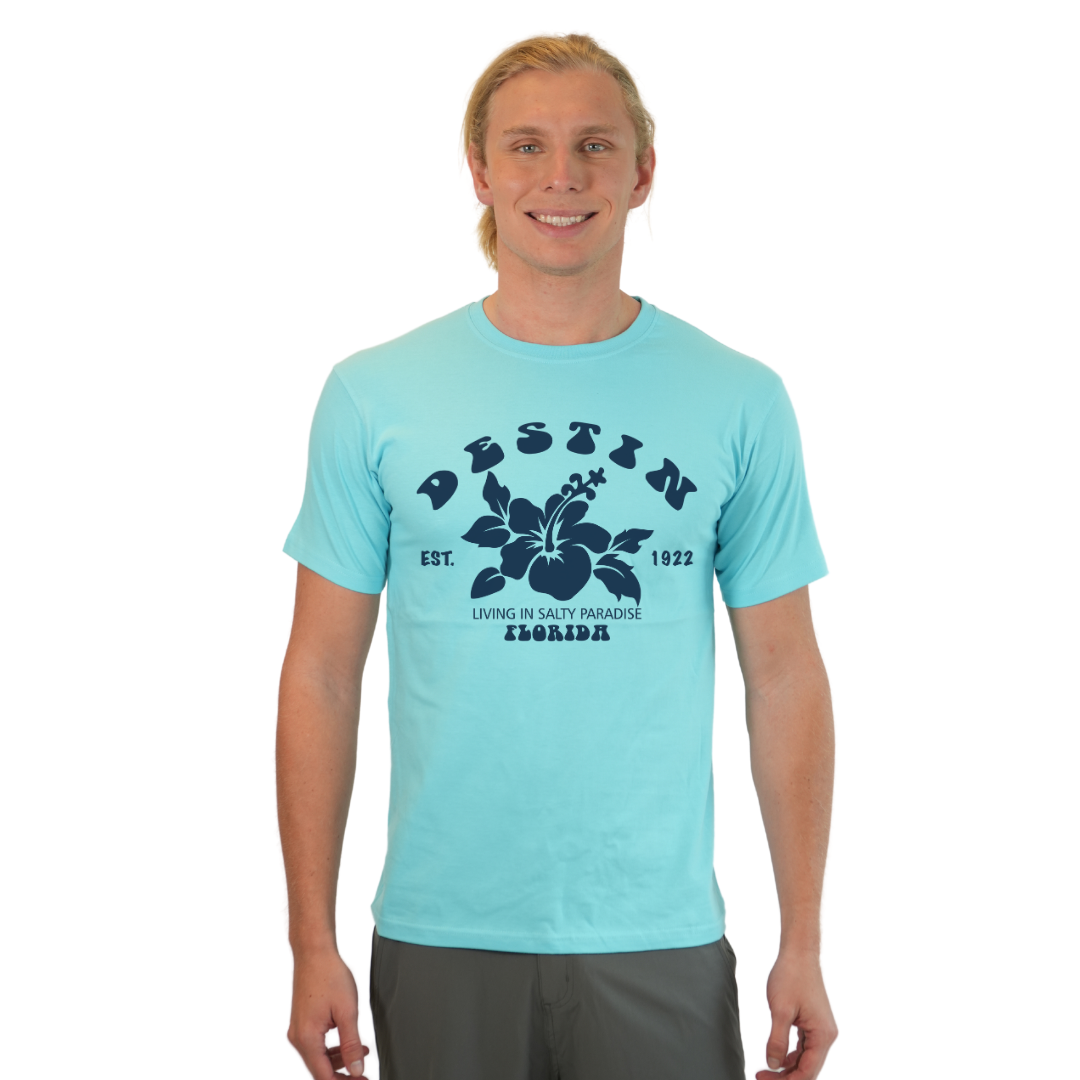 Destin Florida Combed Cotton Men T-Shirt with a Big Front Hibiscus Flower Design Style CC1000