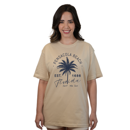 Pensacola Beach Combed Cotton Women T-Shirt with a Front Big Palm Tree Est. 1686 Design Style CC1000