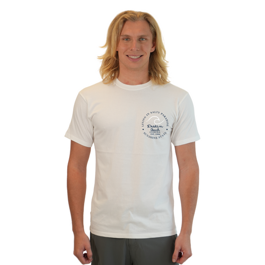 Destin Florida Combed Cotton Men T-Shirt with a Front Pocket Design and back "Living in Salty Paradise" Design Style CC1000