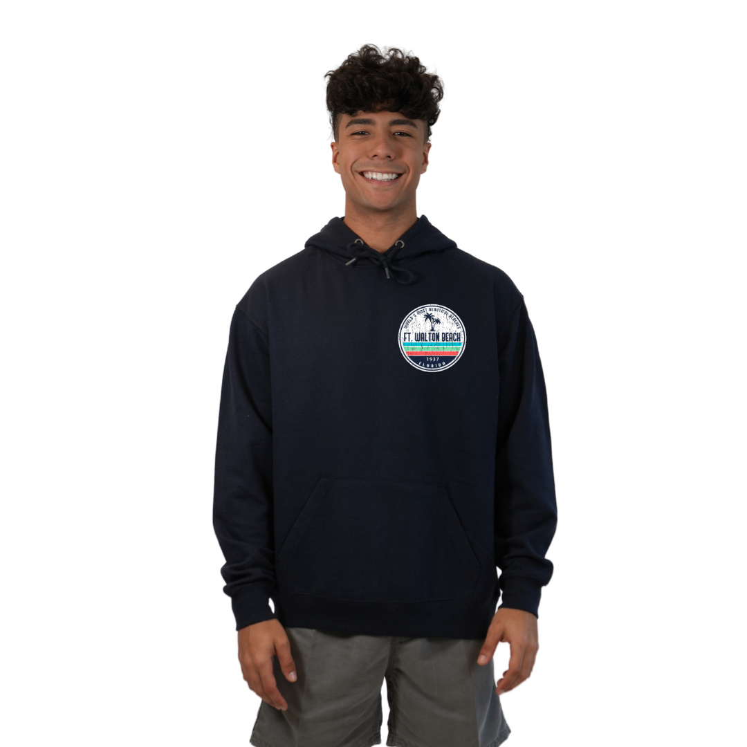 Ft. Walton Beach Pullover Hoodie Men with a a Front Pocket and back big circle 2 Palm Trees 1915 Design Style 252