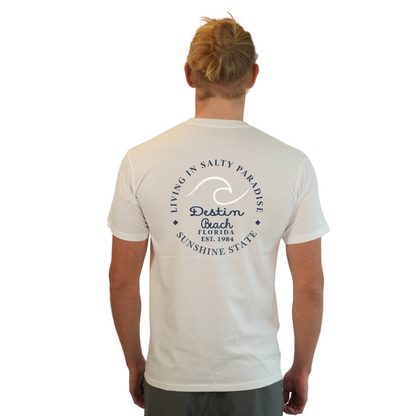 Destin Florida Combed Cotton Men T-Shirt with a Front Pocket Design and back "Living in Salty Paradise" Design Style CC1000