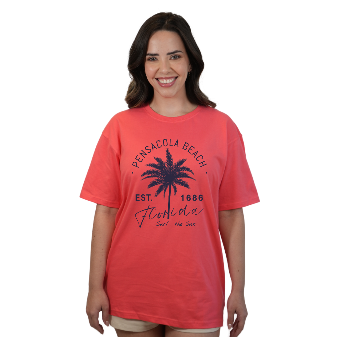 Pensacola Beach Combed Cotton Women T-Shirt with a Front Big Palm Tree Est. 1686 Design Style CC1000