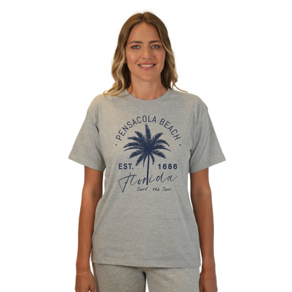 Pensacola Beach Combed Cotton Women T-Shirt with a Front Big Palm Tree Est. 1686 Design Style CC1000