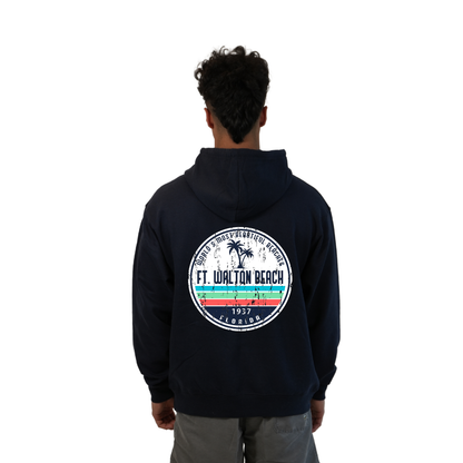 Ft. Walton Beach Pullover Hoodie Men with a a Front Pocket and back big circle 2 Palm Trees 1915 Design Style 252