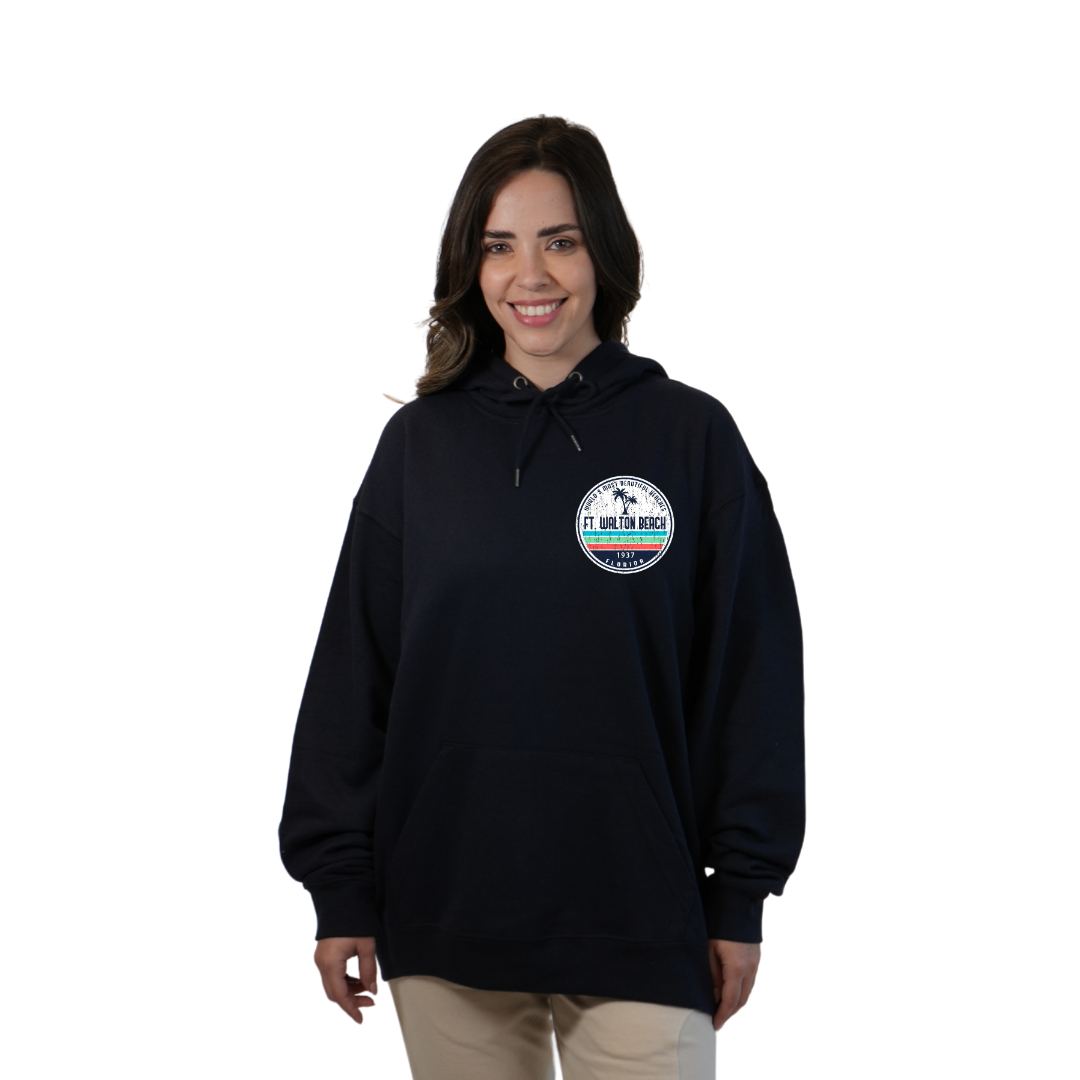 Ft. Walton Beach Pullover Hoodie Women with a a Front Pocket and back big circle 2 Palm Trees 1915 Design Style 252