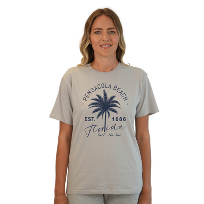 Pensacola Beach Combed Cotton Women T-Shirt with a Front Big Palm Tree Est. 1686 Design Style CC1000