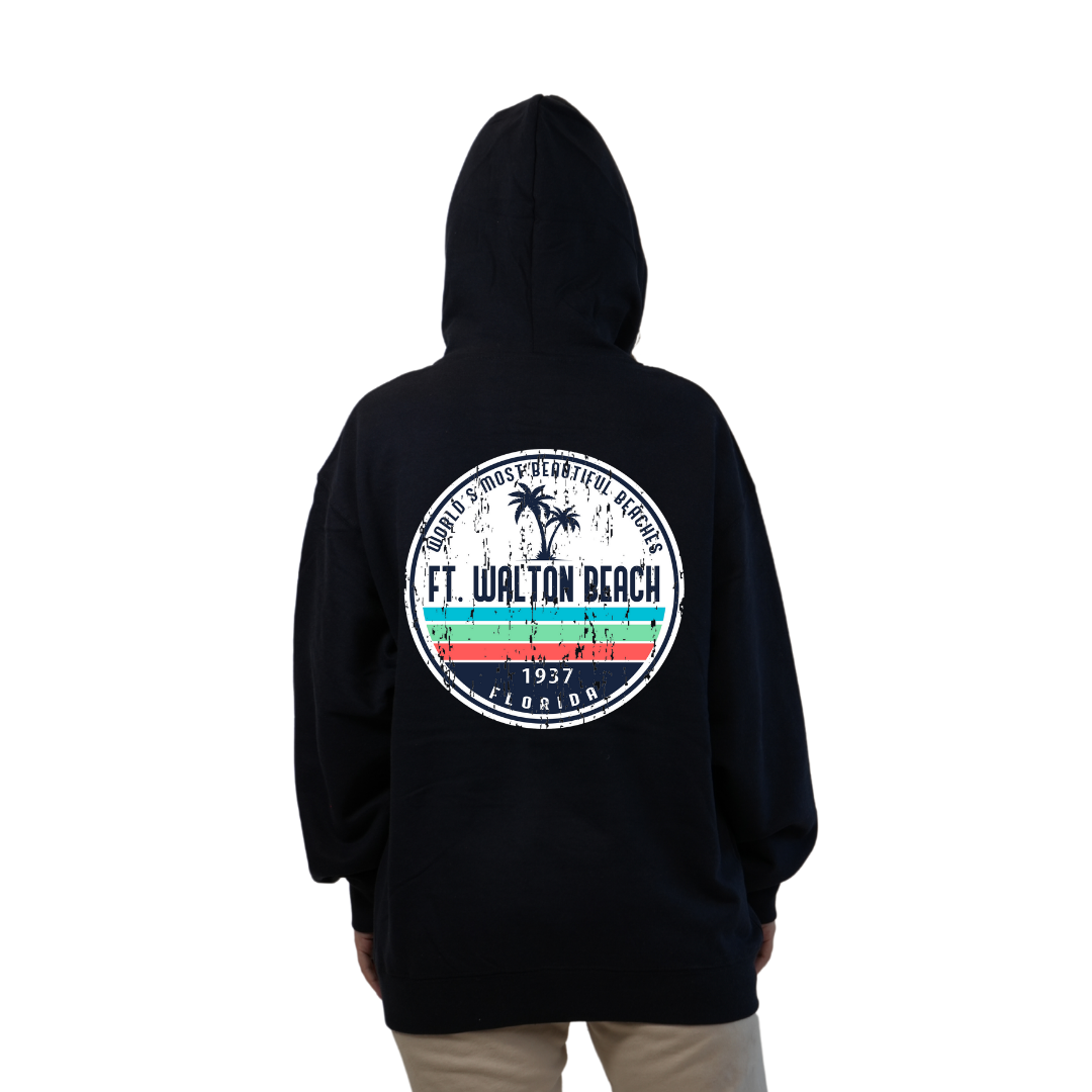 Ft. Walton Beach Pullover Hoodie Women with a a Front Pocket and back big circle 2 Palm Trees 1915 Design Style 252