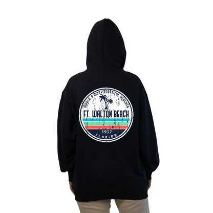 Ft. Walton Beach Pullover Hoodie Women with a a Front Pocket and back big circle 2 Palm Trees 1915 Design Style 252