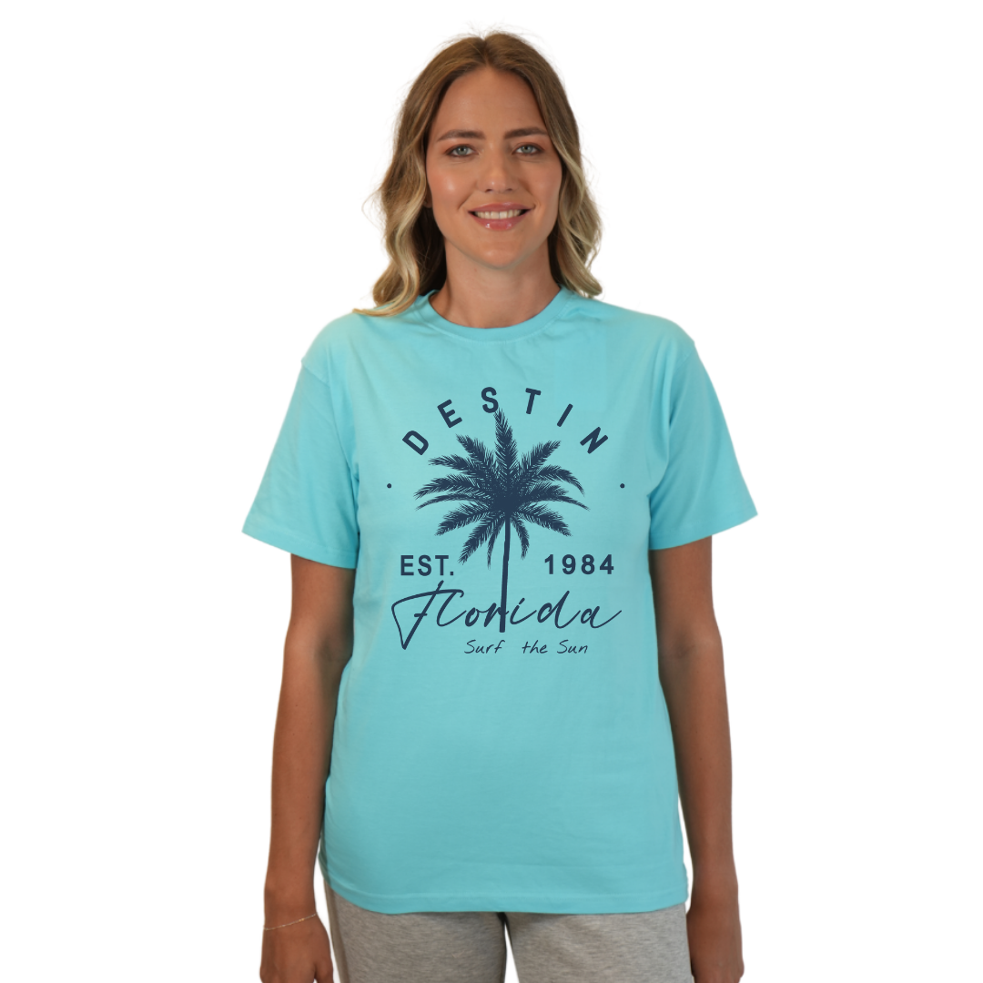 Destin Florida Combed Cotton Women T-Shirt with a Front Palm Tree Est. 1984 Design Style CC1000 T-SHIRT alvinsisland.com S LAGOON