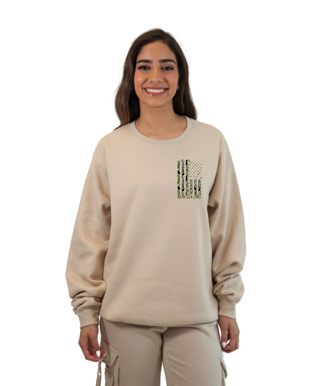Santa Rosa Beach American Flag Women Crewneck – Camouflage Edition crewneck alvinsisland.com Oyster S