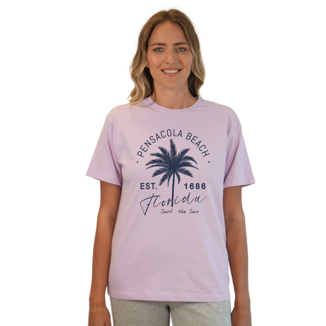 Pensacola Beach Combed Cotton Women T-Shirt with a Front Big Palm Tree Est. 1686 Design Style CC1000