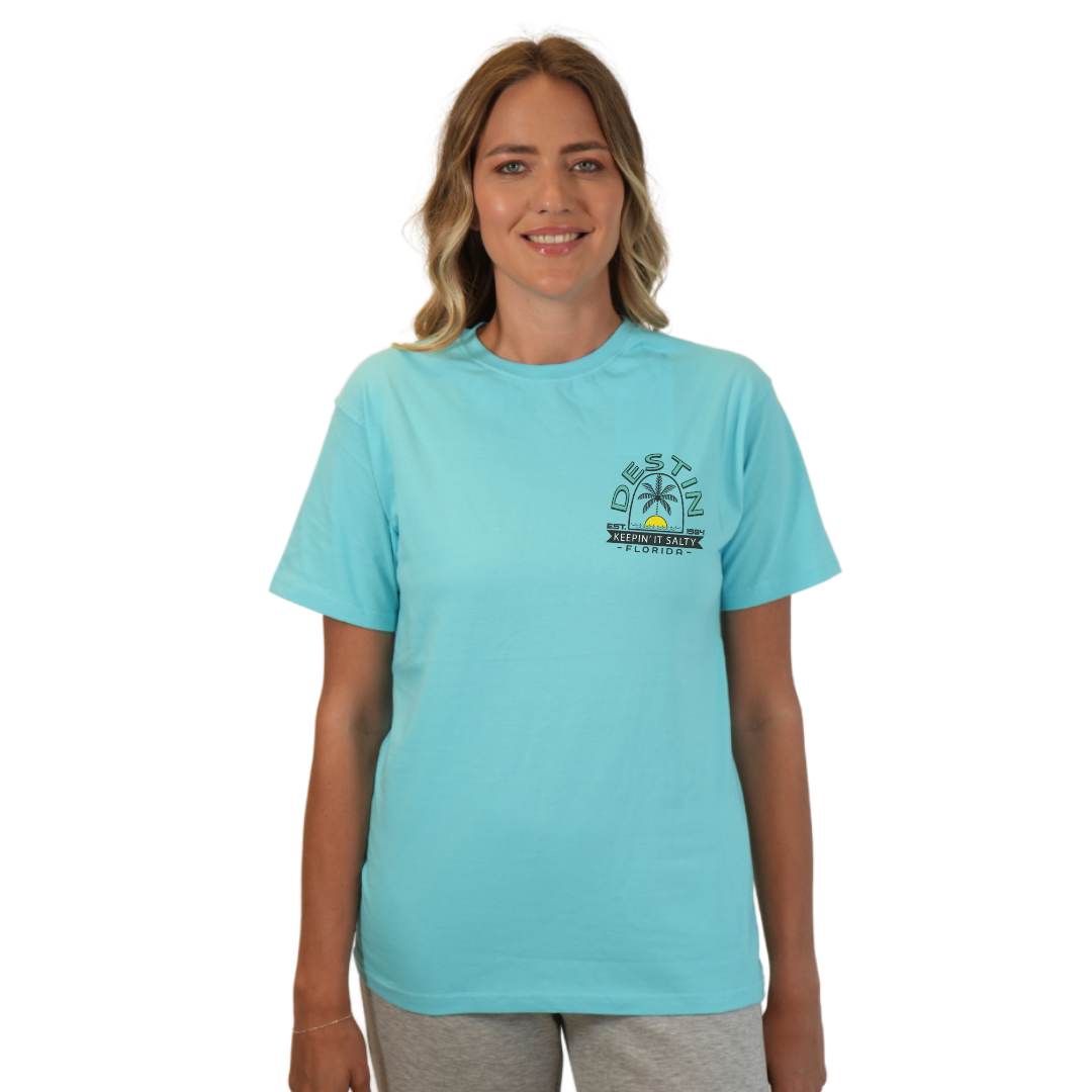 Destin Florida Combed Cotton Women T-Shirt with a Front Pocket Design and back big Palm Tree - Sun Arc Letters Design Style CC1000