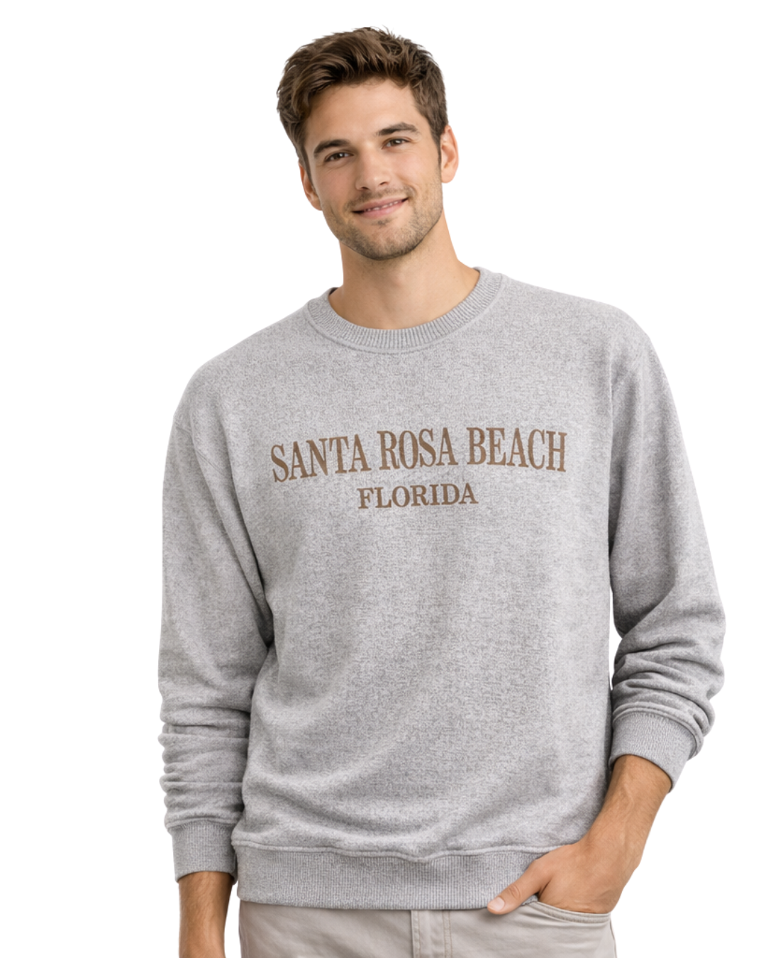 Santa Rosa Beach, Fl Nantucket Crewneck – Embroidered City Name Appliqué (Style AP267AI) crewneck alvinsisland.com Lt brown S
