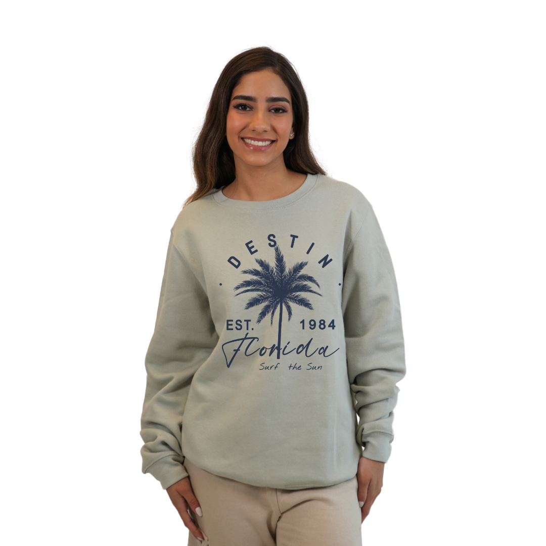 Destin Florida Fleece Crewneck Sweatshirt Women with a Front Palm Tree Est. 1984 Design Style 067