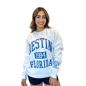 Destin Fl. 1984 Fleece Crewneck Sweatshirt Women with a Front and the left sleeve design Style 067