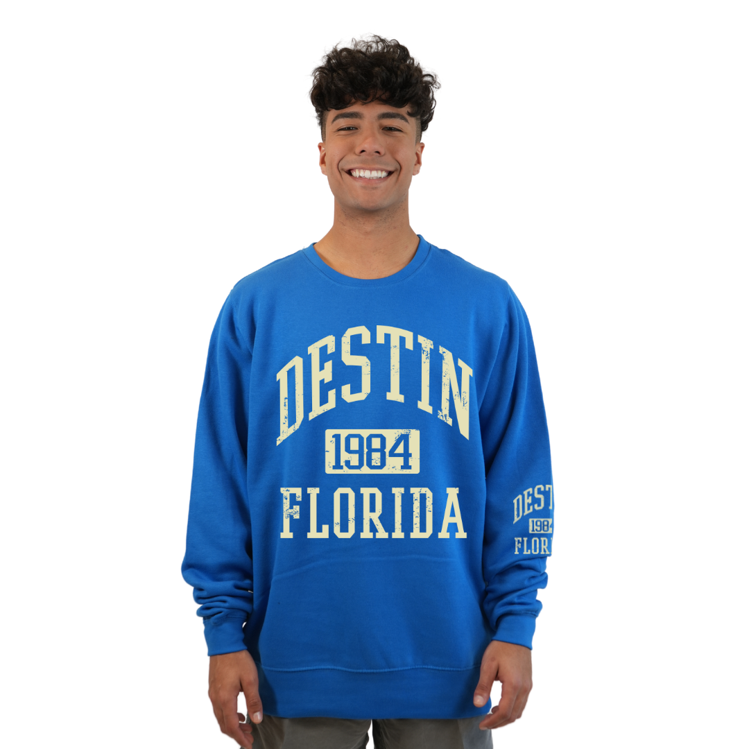 Destin Fl. 1984 Fleece Crewneck Sweatshirt Men with a Front and the left sleeve design Style 067