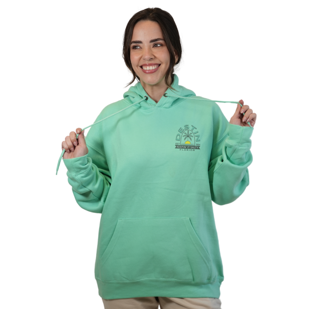 Destin Florida Pullover Hoodie Women with front "Keeping it Salty" Sun and Palm Tree Pocket design and the same back big design Style 252