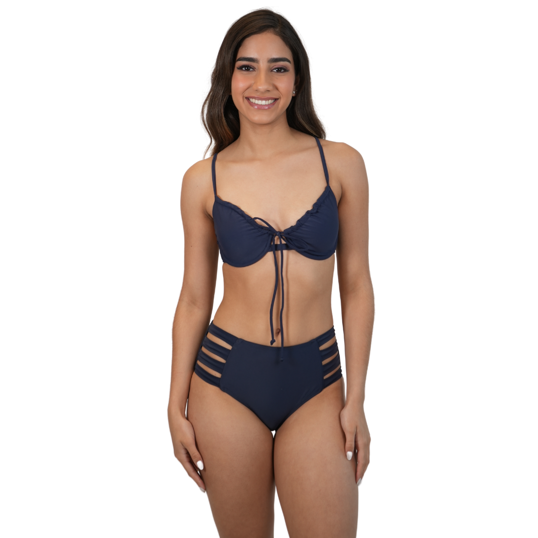 Set of Tie Front Scrunch Push Up Top and High Waisted Bottom - Solid Navy Style 962-6511N |962-3003