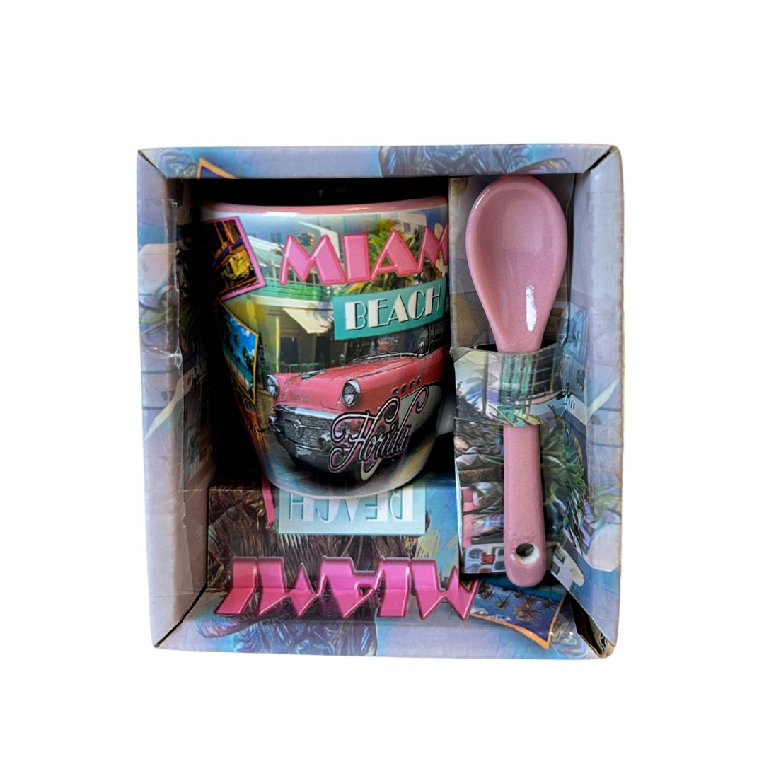 Miami Vintage Espresso Mug with Spoon, pink, 40oz.