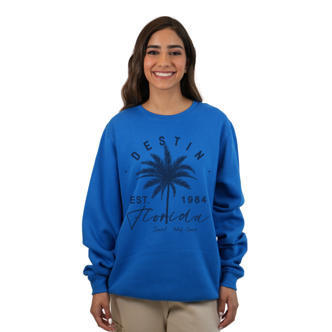 Destin Florida Fleece Crewneck Sweatshirt Women with a Front Palm Tree Est. 1984 Design Style 067