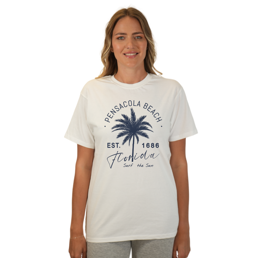 Pensacola Beach Combed Cotton Women T-Shirt with a Front Big Palm Tree Est. 1686 Design Style CC1000