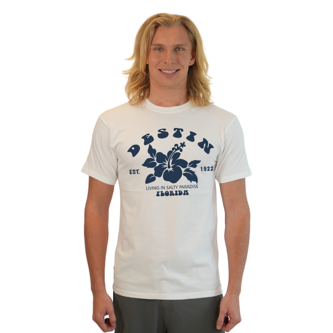 Destin Florida Combed Cotton Men T-Shirt with a Big Front Hibiscus Flower Design Style CC1000