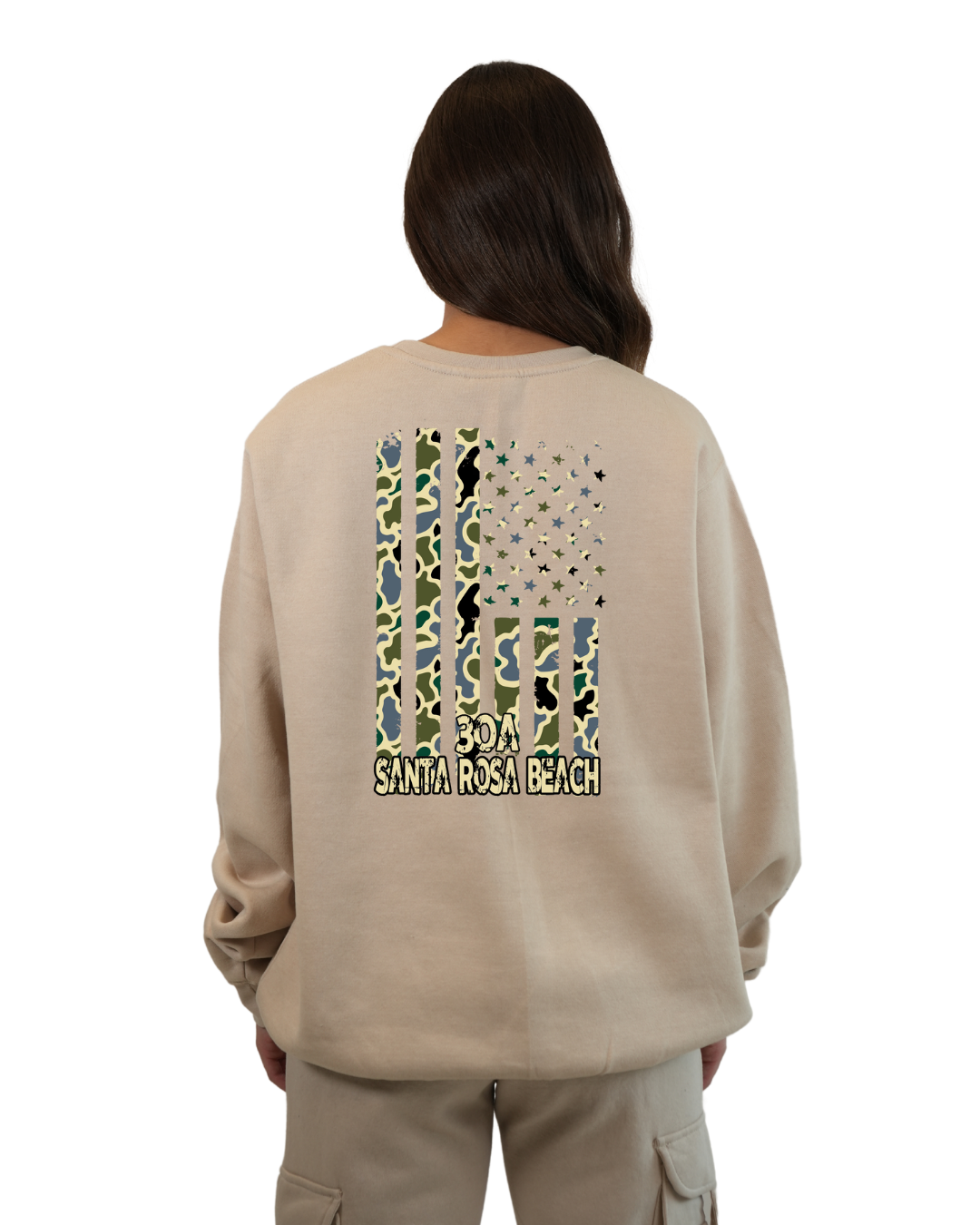 Santa Rosa Beach American Flag Women Crewneck – Camouflage Edition crewneck alvinsisland.com