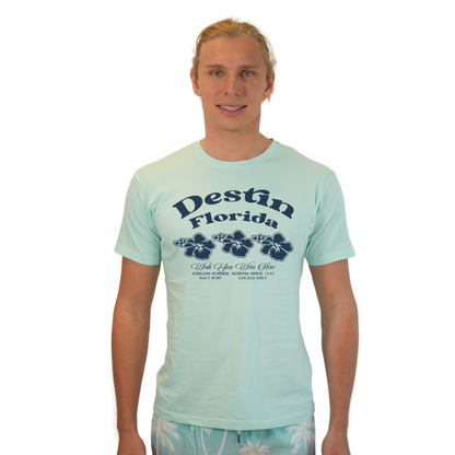 Destin Florida Combed Cotton Men T-Shirt with a Front 3 Hibiscus Flower Design Style CC1000