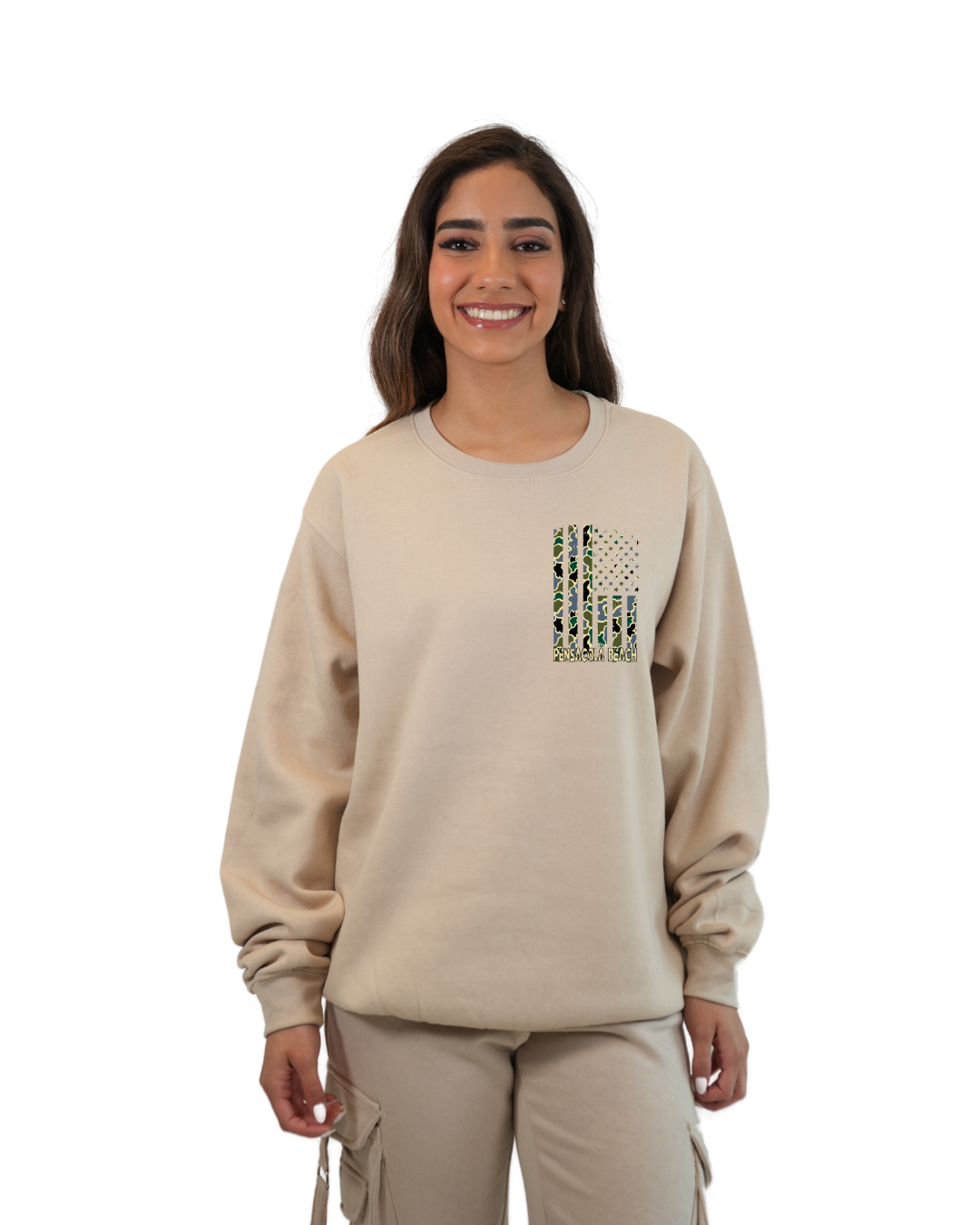 Pensacola Beach American Flag Women  Crewneck – Camouflage Edition