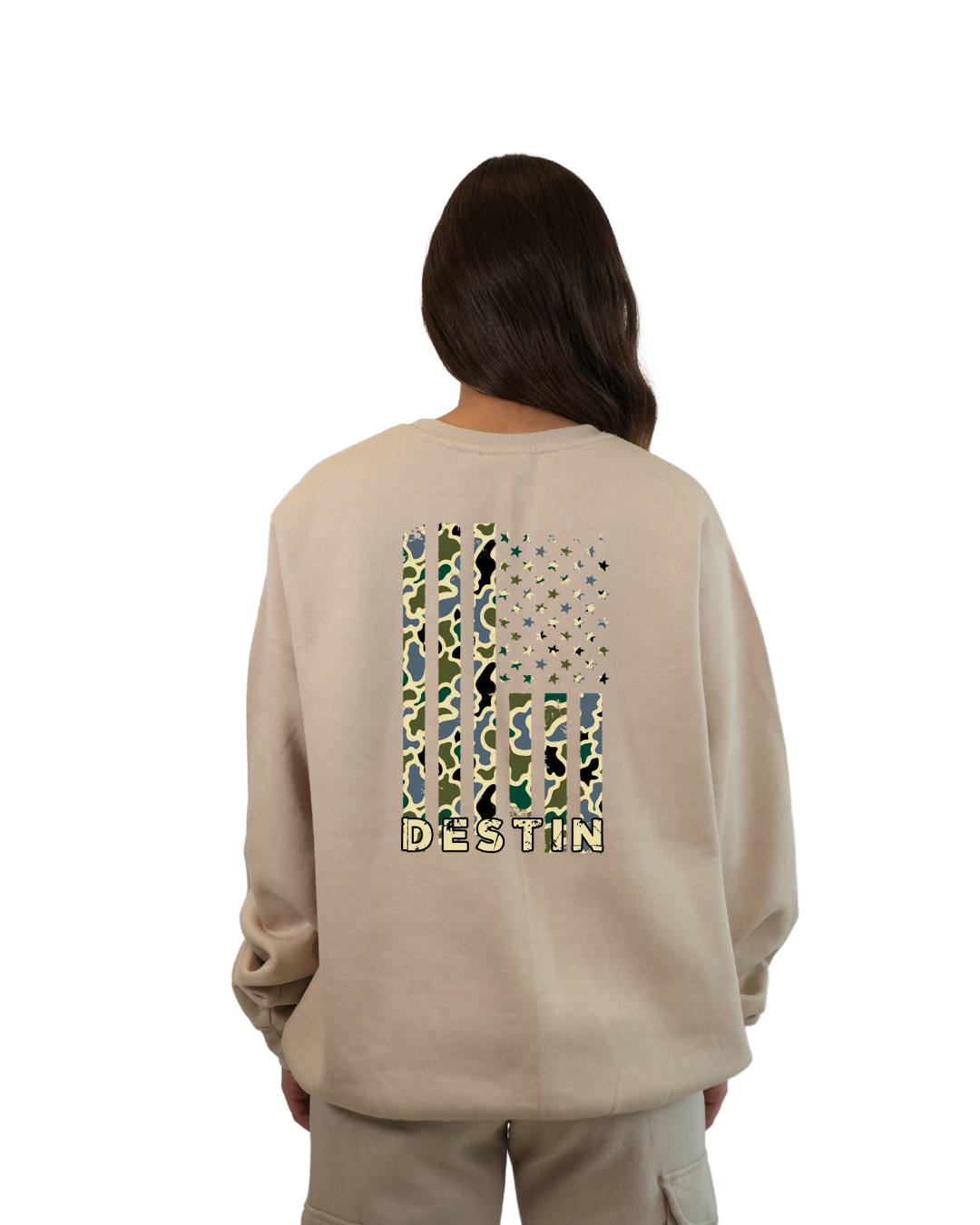 Destin  American Flag Women  Crewneck – Camouflage Edition