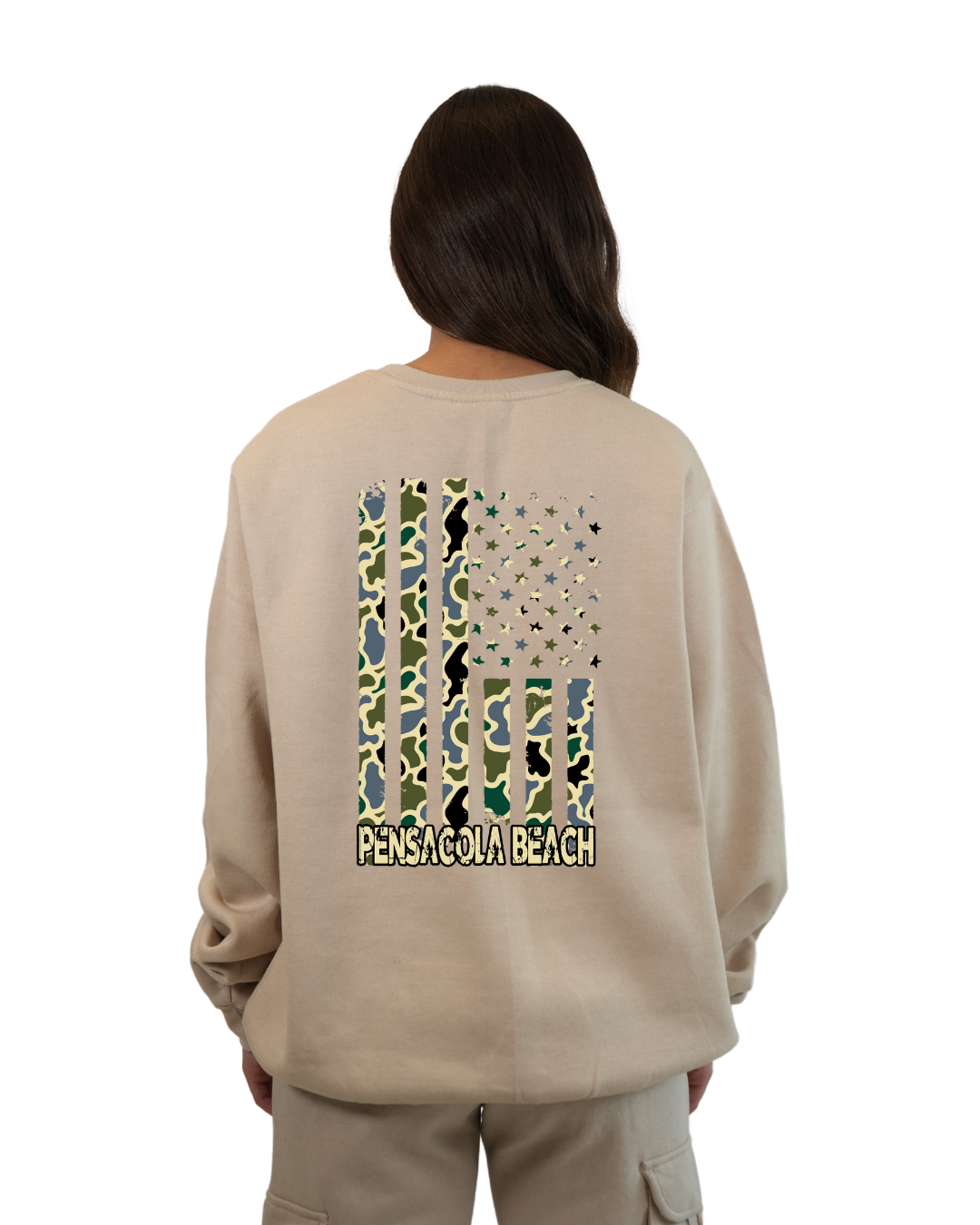 Pensacola Beach American Flag Women  Crewneck – Camouflage Edition