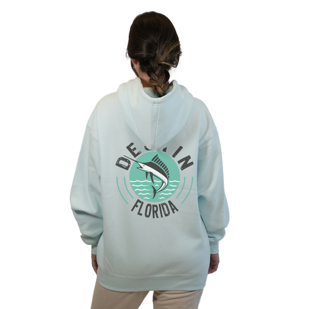 Destin Florida Pullover Hoodie Women with front Marlin Pocket design and the same back big design Style 252