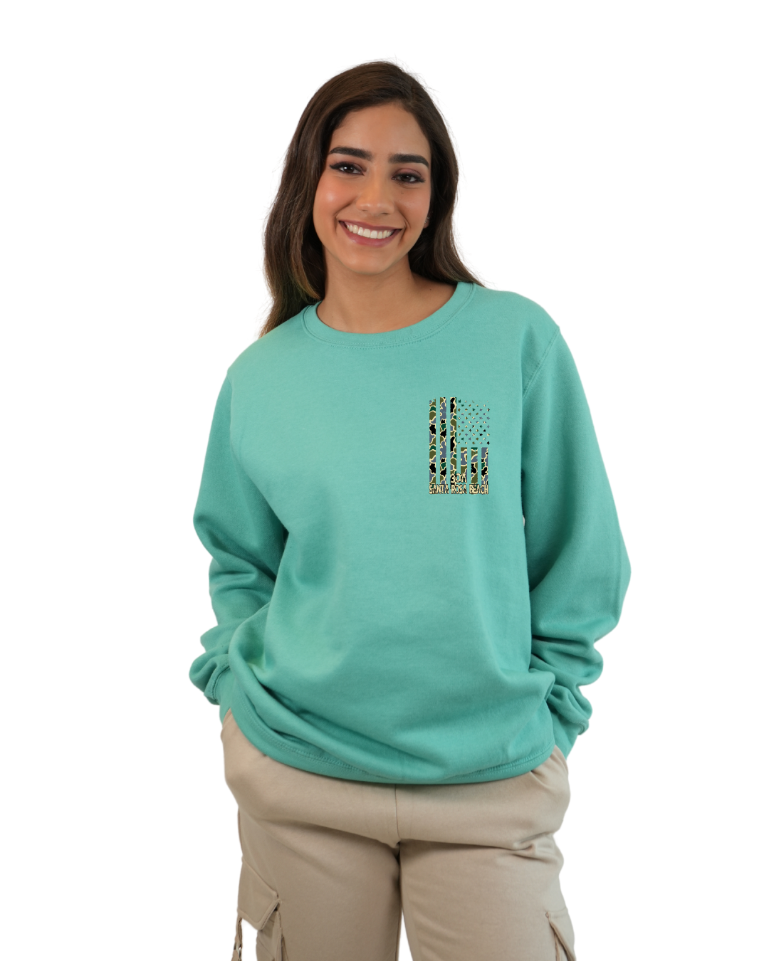 Santa Rosa Beach American Flag Women Crewneck – Camouflage Edition crewneck alvinsisland.com SEAFOAM S