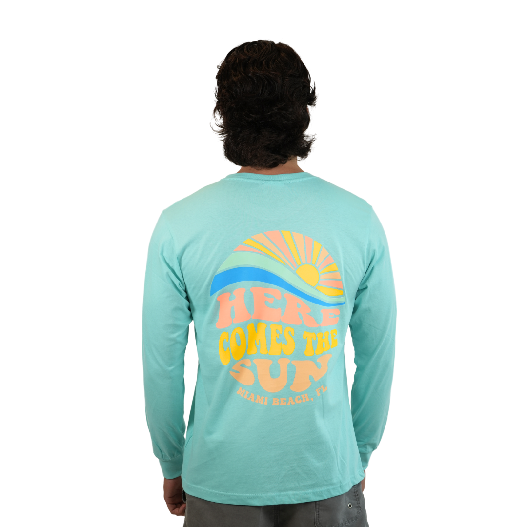 Miami Here Comes The Sun, Seablue Unisex Lightweight Long Sleeve Style Prv001