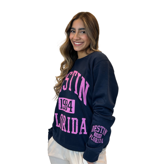 Destin Fl. 1984 Fleece Crewneck Sweatshirt Women with a Front and the left sleeve design Style 067