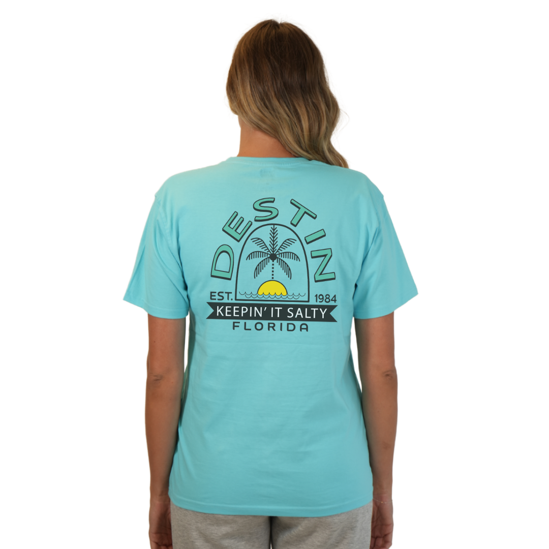 Destin Florida Combed Cotton Women T-Shirt with a Front Pocket Design and back big Palm Tree - Sun Arc Letters Design Style CC1000