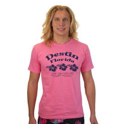 Destin Florida Combed Cotton Men T-Shirt with a Front 3 Hibiscus Flower Design Style CC1000