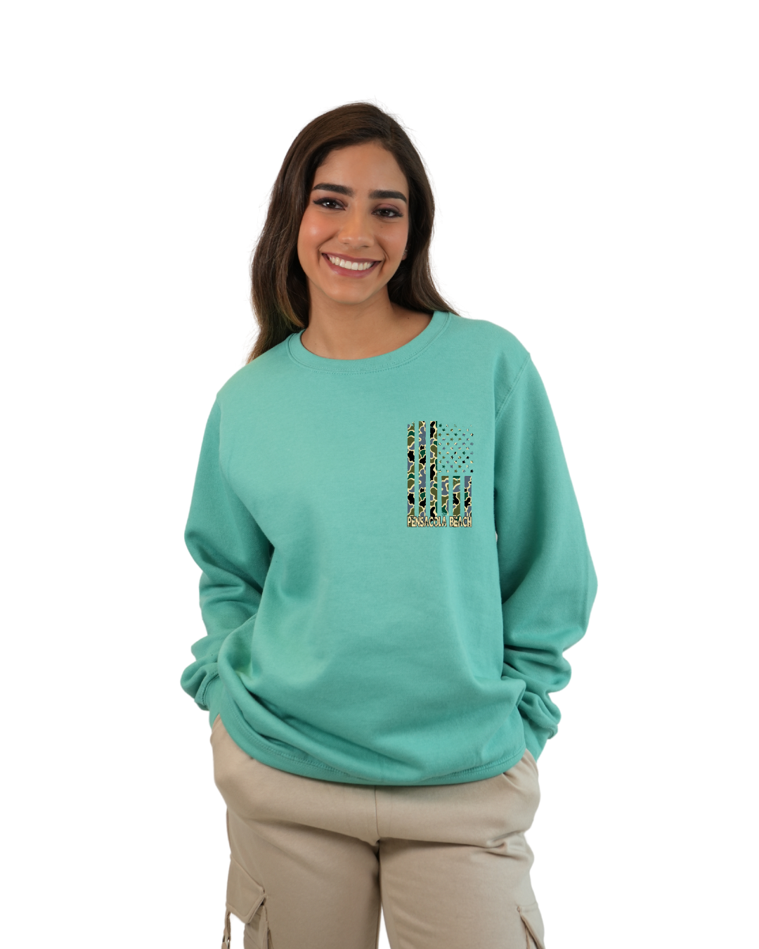 Pensacola Beach American Flag Women  Crewneck – Camouflage Edition