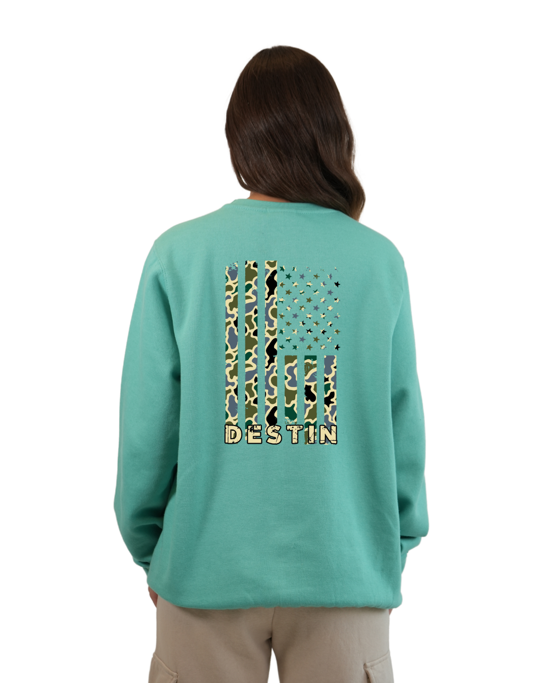 Destin  American Flag Women  Crewneck – Camouflage Edition