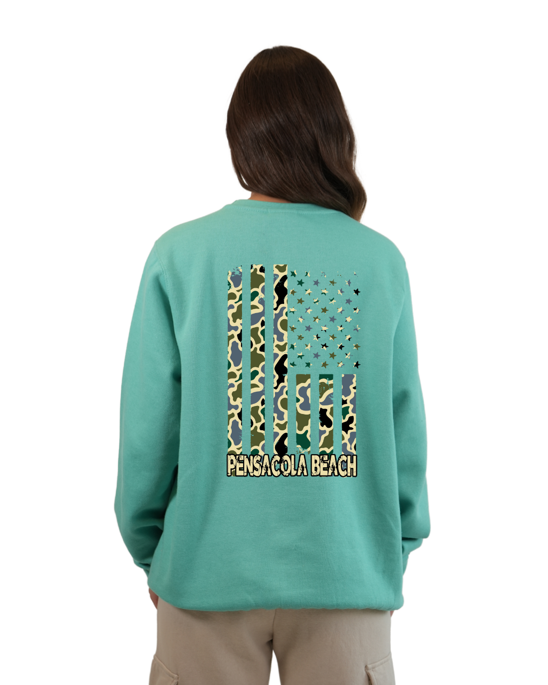 Pensacola Beach American Flag Women  Crewneck – Camouflage Edition