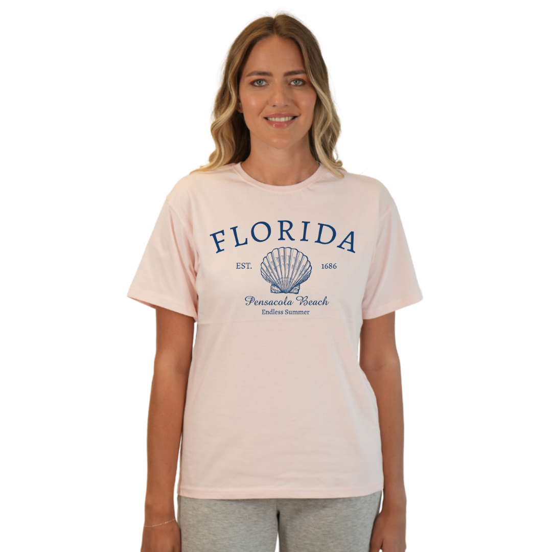 Pensacola Beach Combed Cotton Women T-Shirt with a Front Florida Shell Endless SummerDesign Style CC1000