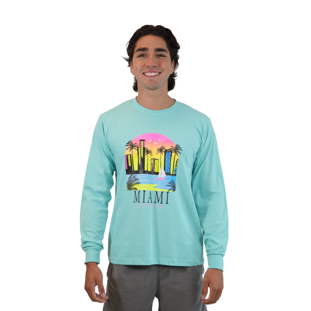 Miami Skyline and Palm Tree, Seablue Unisex Lightweight Long Sleeve Style Prv001