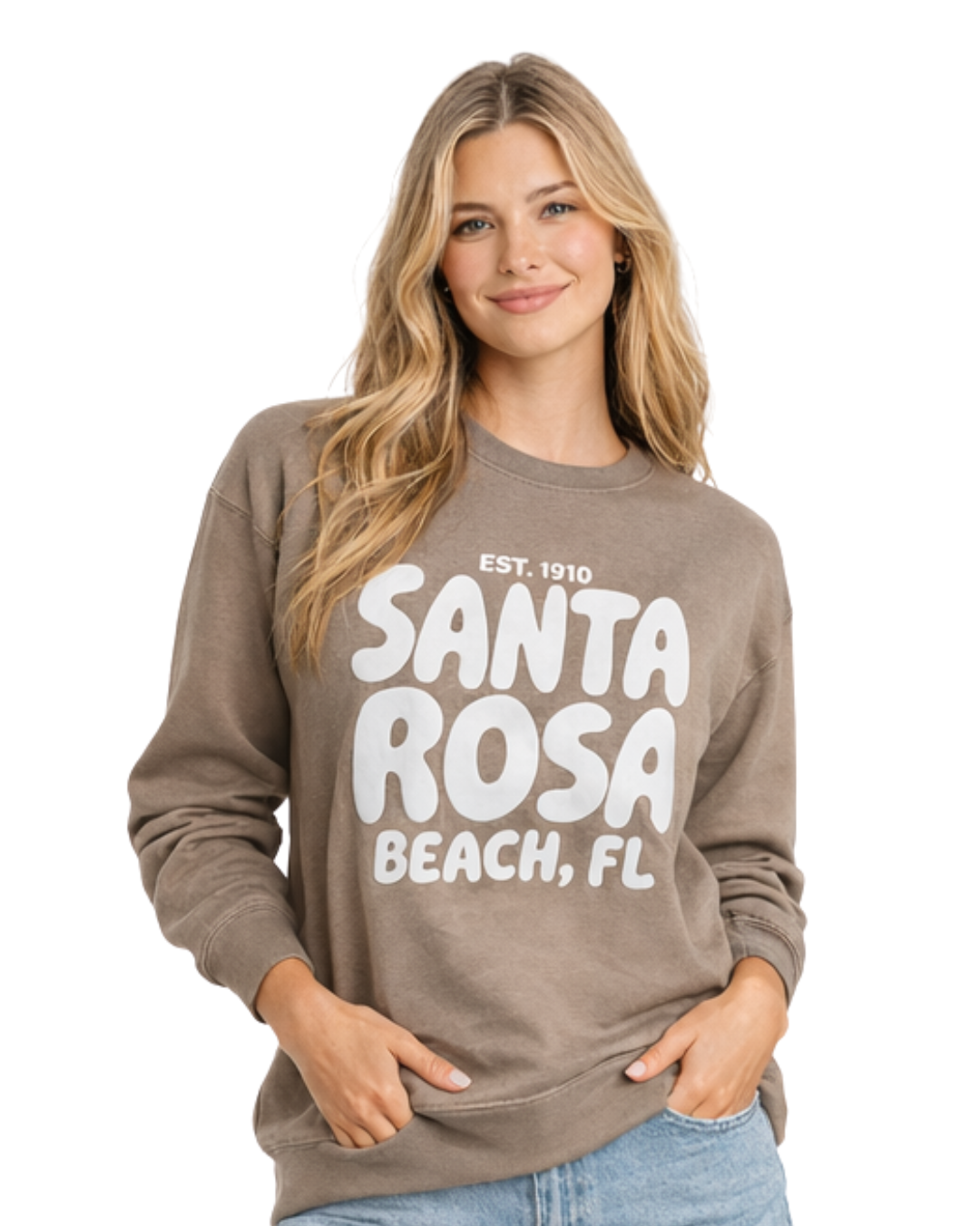 Santa Rosa Beach, Fl City Name Women Crewneck Style AI067C crewneck alvinsisland.com Cappuccino S