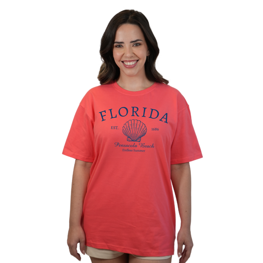 Pensacola Beach Combed Cotton Women T-Shirt with a Front Florida Shell Endless SummerDesign Style CC1000