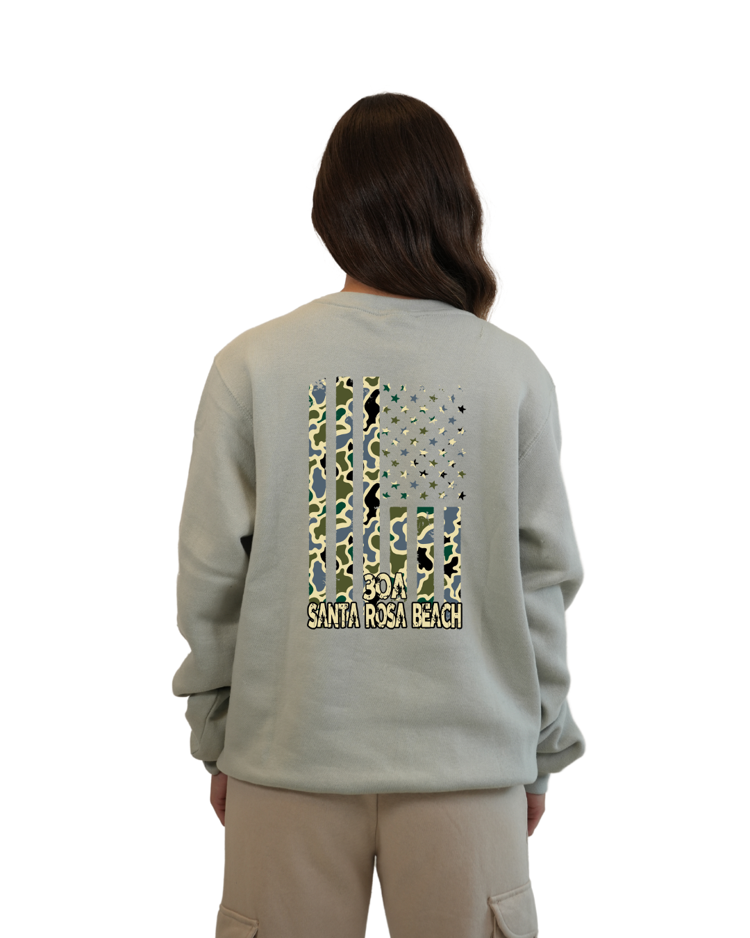Santa Rosa Beach American Flag Women Crewneck – Camouflage Edition crewneck alvinsisland.com