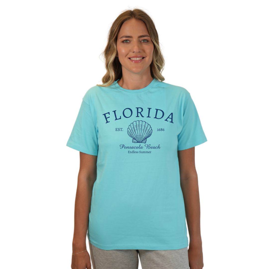 Pensacola Beach Combed Cotton Women T-Shirt with a Front Florida Shell Endless SummerDesign Style CC1000